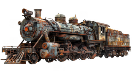 An old train with rusted wheels and a rusted engine