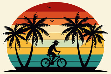 Retro vintage sunset with palm trees. bicycle man riding isolated on white background.
