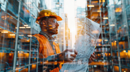 Engineering,  A focused male engineer reviews plans while surrounded by a double exposure of city skyscrapers. His concentration resonates with the vibrant urban environment,