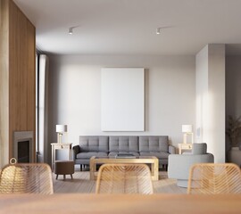 modern scandinavian style living room with mockup poster. 3d Illustration