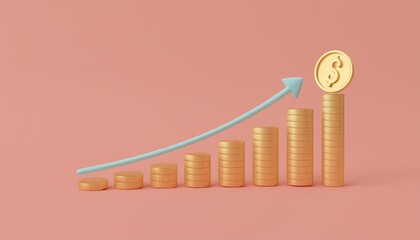 Gold investment, rising graph and coin. 3d Illustration
