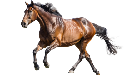 A brown horse is running on a white background