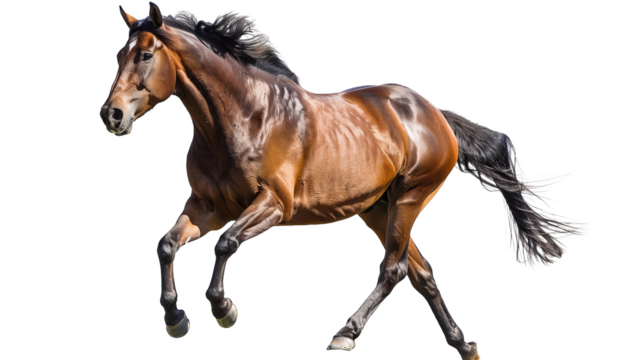 A brown horse is running on a white background