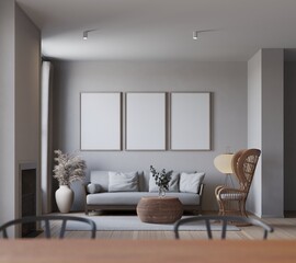 modern scandinavian style living room with mockup poster. 3d Illustration