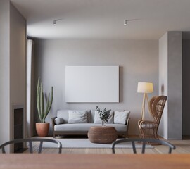 modern scandinavian style living room with mockup poster. 3d Illustration