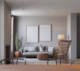 modern scandinavian style living room with mockup poster. 3d Illustration
