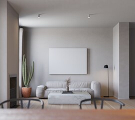 modern scandinavian style living room with mockup poster. 3d Illustration