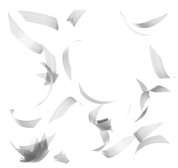 Gray ribbon long straight fly in air with curve roll shiny. Gray ribbon for present gift birthday party to wrap around decorate and make of textile cloth many small piece. White background isolated
