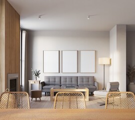 modern scandinavian style living room with mockup poster. 3d Illustration