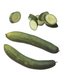 Organic fresh vegetable with eaten leaf of long cucumber, close up texture. White background isolated freeze motion high speed shutter. Cucumber fly in mid air, green fresh vegetable cucumber falling