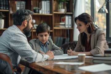 Professional Meeting with a Child in a Cozy Office Setting and People Collaborating Indoors