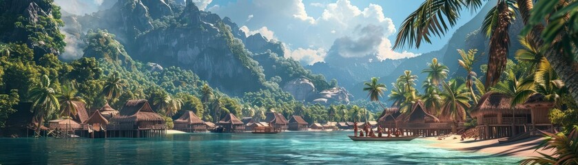 Obraz premium Photo realistic isolated tribe on a remote island, ferocious expressions, ultrarealistic, highdetail, vivid colors, intense atmosphere, stunning visual depth