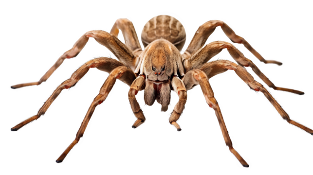 A large brown spider with red eyes and black markings on its face