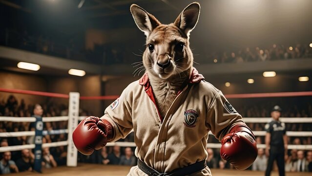 A kangaroo is carrying out boxing activities in a professional ring