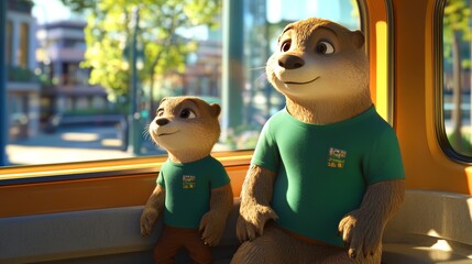 an otter 3D character with shirt and his child sitting side by side, in a train, looking outside the window of eco friendly modern city in the style of 3D, late afternoon sun