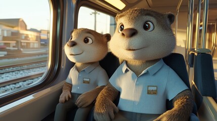 an otter 3D character with shirt and his child sitting side by side, in a train, looking outside the window of eco friendly modern city in the style of 3D, late afternoon sun