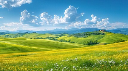 Obraz premium Rolling Hills and Golden Fields: A tranquil landscape unfolds with rolling green hills, a vibrant yellow field, and a picturesque farmhouse perched on the horizon. 