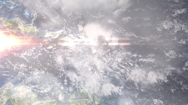 Earth zoom in from space and focus on Basse Terre, Guadeloupe. Background for travel intro or blog. Satellite view. 3D style Animation. Images from NASA.