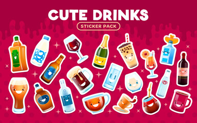 Cartoon water and milk, coffee and tea, alcohol drinks stickers. Vector set of colorful patches featuring beverage characters. Funny cups, glasses, mugs and bottles with adorable smiling faces