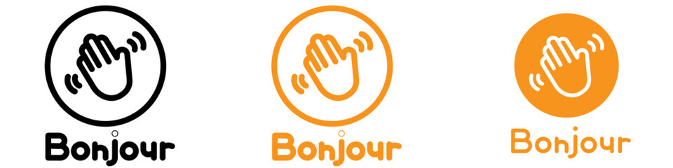 Bonjour Text with Hand Wave Icon for French Greetings and International Communication © Hindi