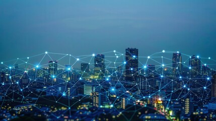 Digital network of connected dots over a city skyline, symbolizing interconnected growth, photorealistic, business growth