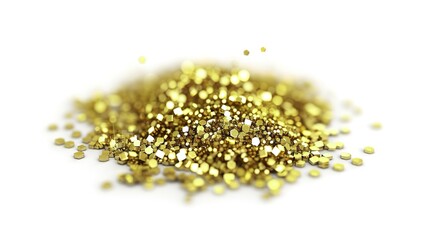 Intricate Details of Falling Gold Glitter Particles on White Background