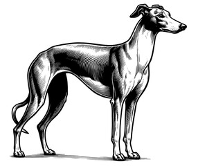 Hand drawn Cute Greyhound dog in full-body, vector sketch isolated on white background.	