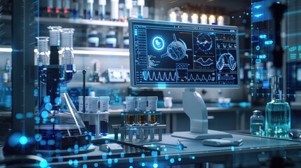 An AI diagnostic system integrated into a medical lab, with digital readouts and sophisticated data analysis tools.