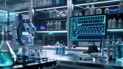 An AI diagnostic system integrated into a medical lab, with digital readouts and sophisticated data analysis tools.