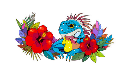 Fototapeta premium Drawing of a colorful iguana looking like a gentle dragon for a children's book illustration, on a white background. Transparent image png