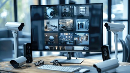 An AI-driven home surveillance system with multiple camera angles, providing comprehensive security coverage on a central monitor.