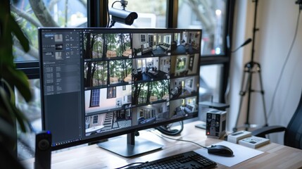 An AI-driven home surveillance system with multiple camera angles, providing comprehensive security coverage on a central monitor.