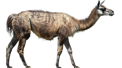 A large brown and white llama walking on a white background