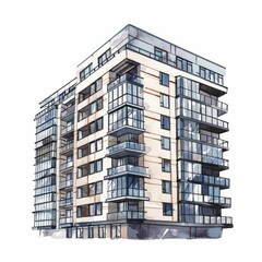 Fototapeta premium Watercolor painting of a modern apartment building, on isolated white background, Generative AI