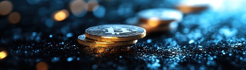 Shiny Bitcoin Cryptocurrency Coins on Sparkling Dark Background with Bokeh Lights