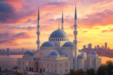White Mosque with Blue Domes against a Vibrant Sunset Sky