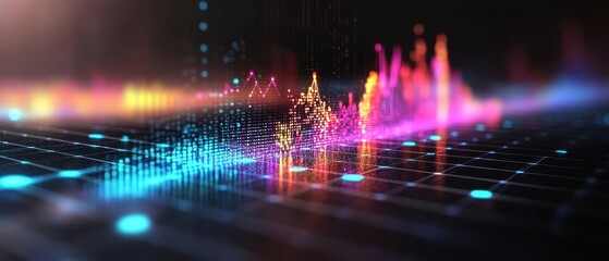 Obraz premium Vibrant Digital Data Visualization with Colorful Graphs and Charts on a Grid Background