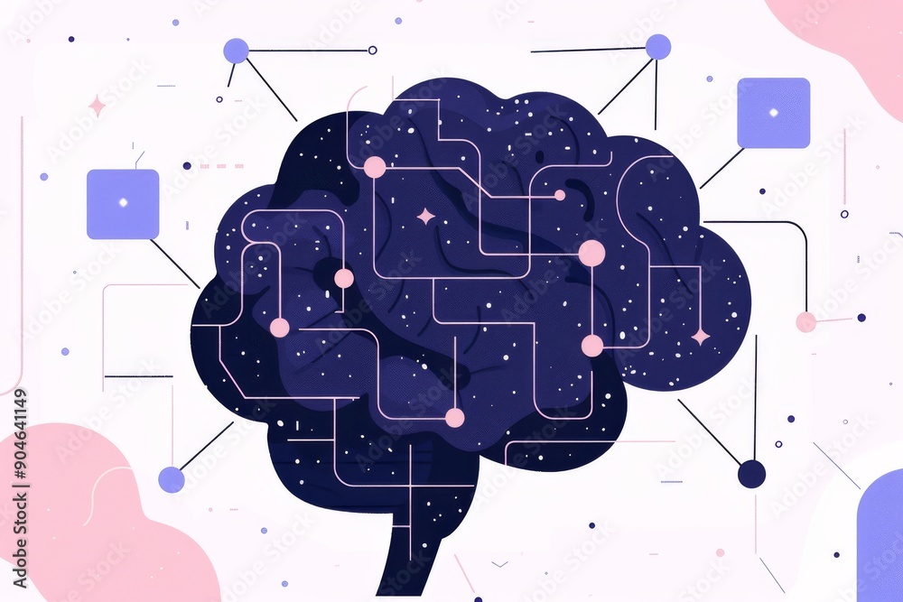 Poster schematic brain illustration with connected nodes, highlighting complex data processing in ai algori