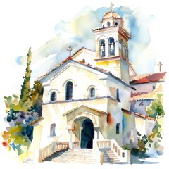 Fototapeta premium Watercolor painting of a serene monastery, on isolated white background, Generative AI