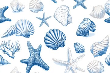 A seamless pattern featuring hand-drawn blue and white sea shells and starfish against a white background.