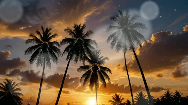 coconat tree and sunset over the sea. Virtual 4K video animation background with looping time lapse with very smooth graphics.