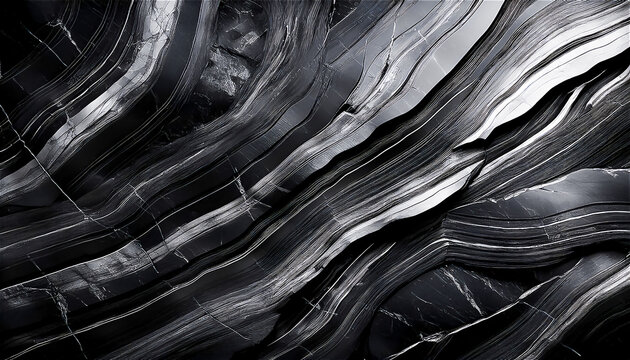 Flat lay abstract surface of brushed shungite stone slab texture background with space to copy, panoramic view