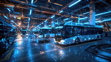 Fototapeta premium An AI-managed bus depot with autonomous vehicle dispatching and maintenance scheduling systems.