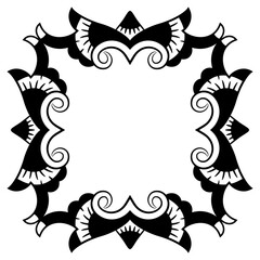 Square decorative element or frame. Old Russian folk style. Rectangular ethnic background. Black and white silhouette.