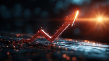 Dynamic Red Arrow Graph Showing Upward Trend with Glowing Light on Dark Background