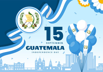 Obraz premium Happy Guatemala Independence Day Vector Illustration for September 15 with a Waving Flag and Ribbon in a Flat Style Cartoon Background