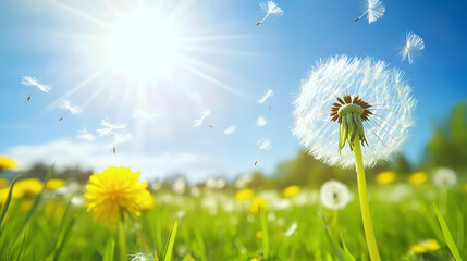 Close-Up View of a Dandelion Flower Under Bright Sunlight in a Vibrant Grass Field