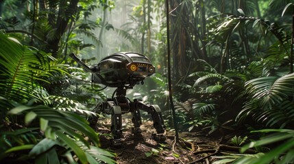 An AI-powered robot conducting a detailed environmental survey in a dense rainforest.