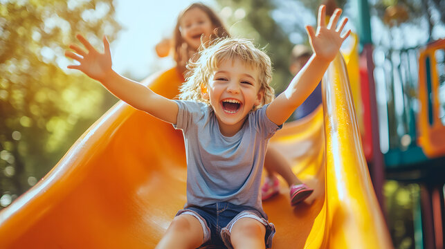 Joyful Children Sliding Down A Playground Slide During A Sunny Afternoon - Powered by Adobe