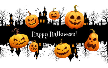 Grunge Halloween banner with abandoned town and scary pumpkins, vector background. Happy Halloween holiday greeting with haunted houses and cemetery tombstones silhouettes in horror night forest